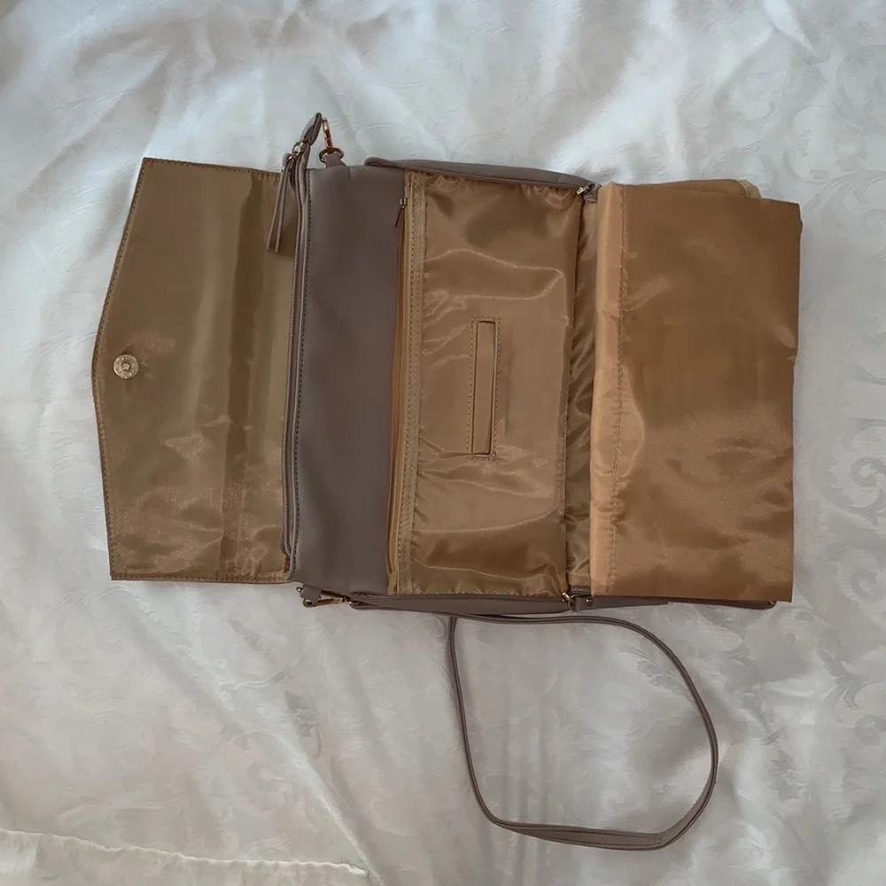 Crossbody purse with both baby changing pad & place for baby wipes, in Taupe/tan
